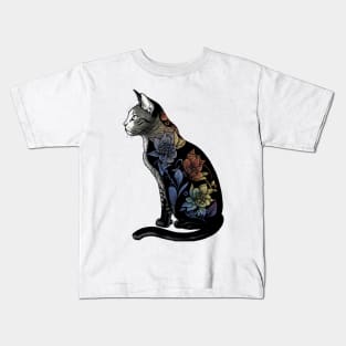 Vibrant Lotus Cat - Black and White Feline with Colorful Flower Design Kids T-Shirt